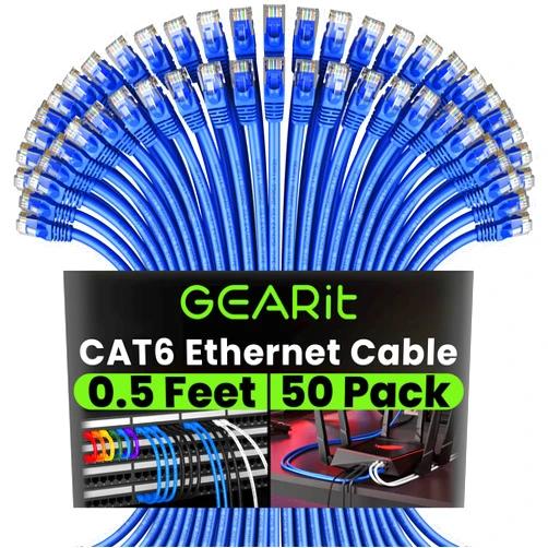GEARit Cat 6 Ethernet Cable (50-Pack 0.5 Feet) Cat6 Network Patch, 10Gbps, RJ45, Snagless Cord, Gold-Plated Connectors, Internet for PC, TV, Tablet, Router, Printer, Servers, IT Data Center - Blue