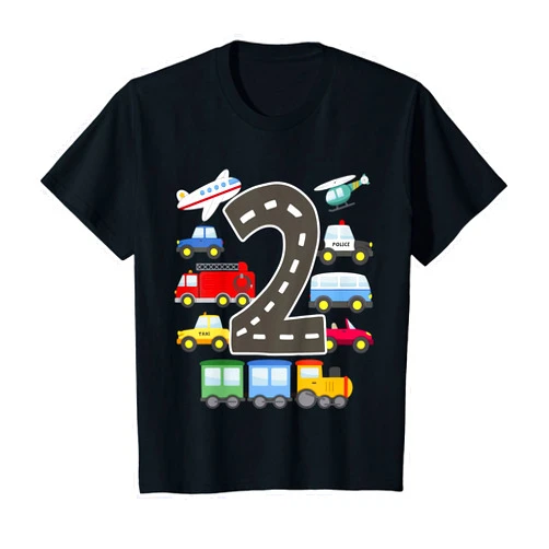 Transportation Birthday Theme Cars Trucks Gifts 2 Year Old Transportation Birthday Car Train Plane 2nd Gift T-Shirt