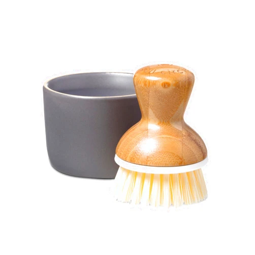 Full Circle Bubble Up Bamboo Dish Brush & Ceramic Soap Dispenser – Family Safe, Formaldehyde-Free – Kitchen Scrub Brush for Dishes, Nonstick & Cast Iron, Gray