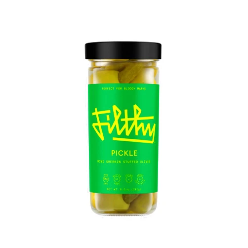 Filthy Food Filthy Pickle Stuffed Olives, Premium Cocktail Garnish, Naturally Cured Queen Olives Stuffed with Mini Gherkins for Bloody Marys & Martinis, 8.5 Oz Jar, 12 Olives