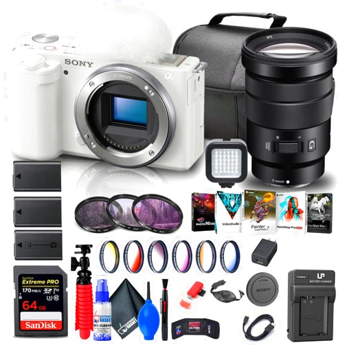 ELECTRONICS BASKET Sony ZV-E10 Mirrorless Camera (Body Only, White) (ILCZV-E10/W) + Sony 18-105mm Lens + 64GB Card + Color Filter Kit + Filter Kit + Corel Photo Software + Bag + 2 x NPF-W50 Battery + More (Renewed)