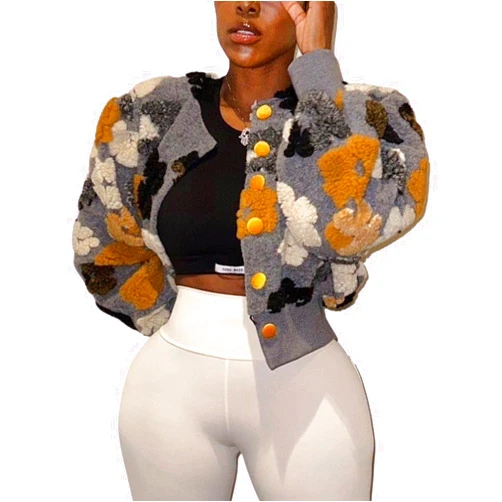 Flygo Women's Cropped Floral Print Bomber Jacket Warm Fleece Varsity Jacket Casual Button Down Puff Sleeve Coat Outerwear