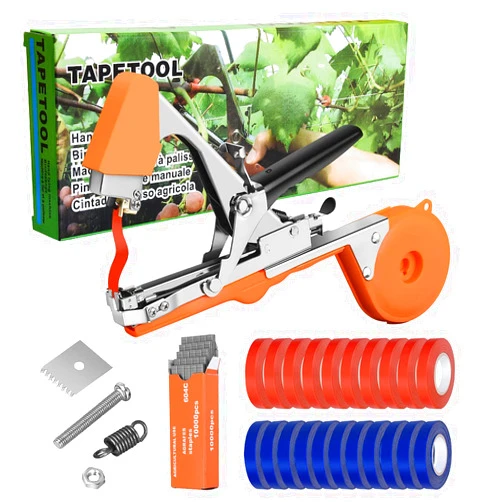 Jajadeal Plant Tying Machine Tool for Grapes, Raspberries, Tomatoes and Vining Vegetables, with 20 Rolls Tapes, 10000pcs Staples and Replacement Blades (Orange)