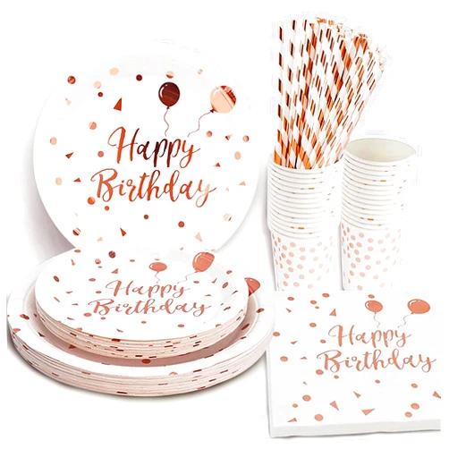 LIUGUSUN White & Rose Gold Party Supplies - Rose Gold Dots Happy Birthday Paper Plates and Napkins, Cups and Straws, Birthday Party Decorations for Girls and Women, Serves 24