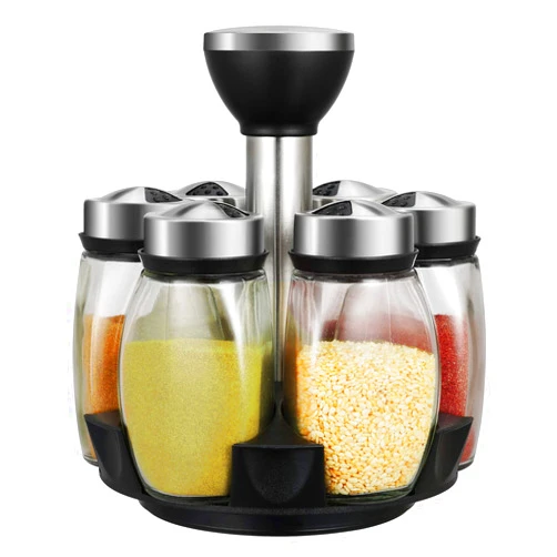 Hossejoy 6-Jar Revolving Spice Rack Organizer Holder, Kitchen Countertop Seasoning Stand Organizer Include 6 Glass Jar Bottles, Great Gift For Chefs & Foodies (Spices Not Included)