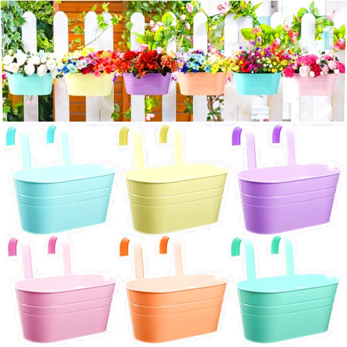 Romooa 6 Pack Hanging Flower Pots Colorful Metal Iron Bucket Fence Hanging Planters with Detachable Hooks Metal Bucket Flower Holders for Railing Balcony Garden Yard Spring Garden Outside Decor