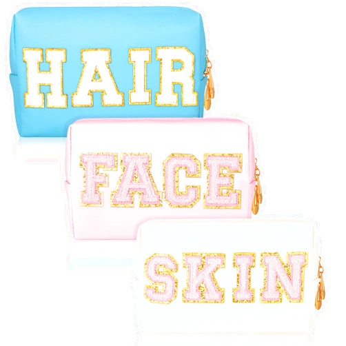 Sotiff 3 Pcs Preppy Patch Makeup Bag Chenille Letter Cosmetic Bag Waterproof Toiletry Bag Portable Makeup Organizer Zipper Cosmetic Pouch for Women(8.3 x 2.4 x 5.3 Inch,Fresh Style)