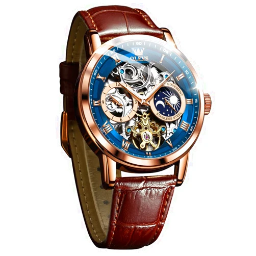 OLEVS Men Skeleton Watch Automatic Winding Moon Phase Dress Luxury Leather Strap Waterproof Luminous Men Wrist Watch