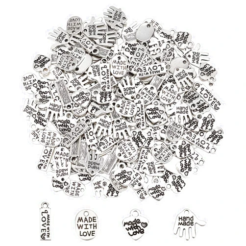 FINGERINSPIRE 200Pcs 4 Shapes Alloy Word Message Charms Pendants Handmade Made with Love Charms Oval/Heart/Rectangle/Hand Shapes Jewelry Making Accessories for DIY Necklaces, Bracelets, Key Chains