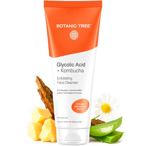 Botanic Tree Kombucha & Glycolic Acid Exfoliating Face Wash for Aging Skin - Face Cleanser for Women - Kombucha Lipofilling Effects and Skin Healthy Probiotics and Antioxidants