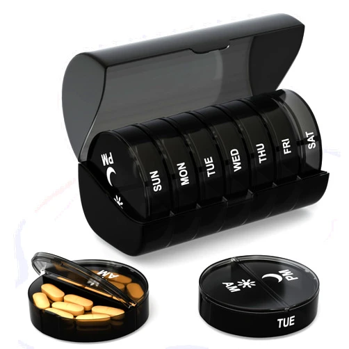 Zzteck Weekly Pill Organizer 2 Times a Day - Large Capacity –Travel Pill Box 7 Day with Airtight Lid Lock – Portable Pill Case for Purse – Ideal for Vitamins, Supplements, and Fish Oil Pills (Black)