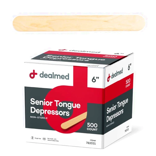 Dealmed 6” Senior Tongue Depressors – 500 Non-Sterile Wood Tongue Depressor Sticks for Crafts, Medical Practice, Emergency First Aid Kits, 500/Box (Pack of 1)