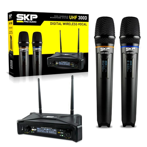 SKP Pro Audio UHF-300D Wireless Microphone System – Dual Handheld Cordless Mics with AA Batteries, 200ft Range, LCD Display, for Singing, Karaoke, Church, DJs, Stage Events - Dynamic mic