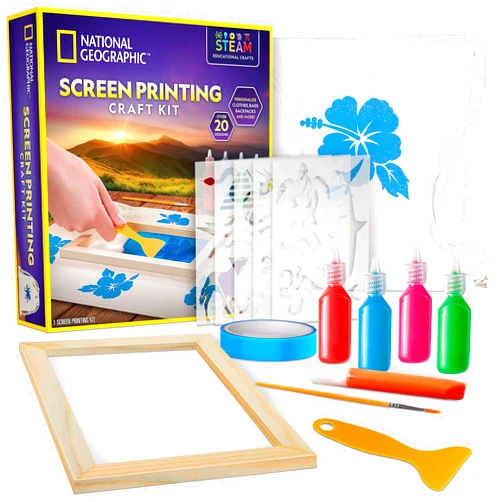 Blue Marble National Geographic Kids Screen Printing Kit - Arts and Crafts Silk Screen Printing Kit with Fabric Paint, Frame, Stencils & Squeegee Plus Drawstring Bag & More, Screen Print, Silkscreening Kit