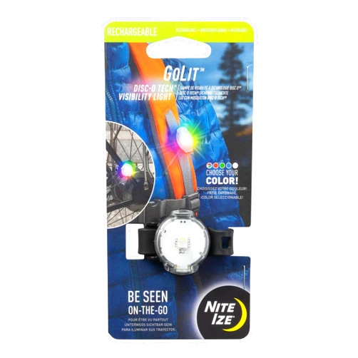 Nite Ize GoLit Rechargeable Visibility Light - LED Safety Light for Cycling, Running & Hiking - Rechargeable Light with Strap - Color-Changing Modes - Disc-O Tech