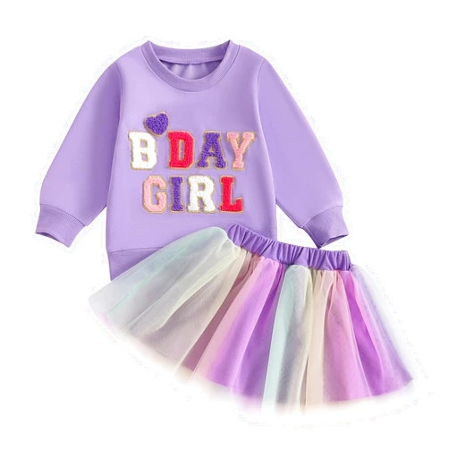 SAYOO Toddler Baby Girls Birthday Outfits Birthday Girl Embroidery Letter Sweatshirt Tops+Rainbow Tutu Skirt Fall Clothes