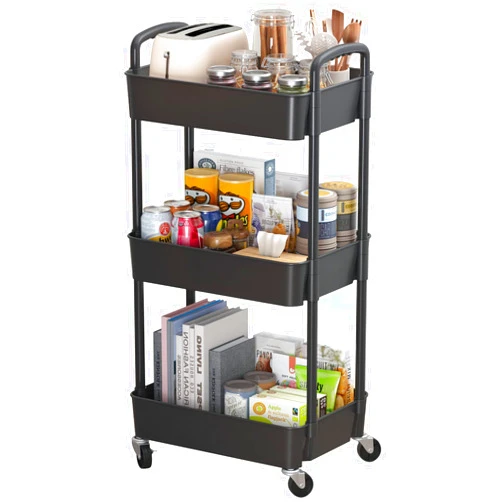 Sywhitta 3-Tier Plastic Rolling Utility Cart with Handle, Multi-Functional Storage Trolley for Office, Living Room, Kitchen, Movable Storage Organizer with Wheels, Black