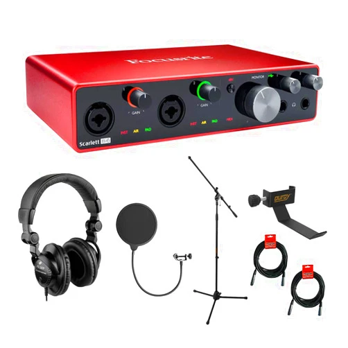 Focusrite Scarlett 8i6 USB Audio Interface (3rd Gen) with HPC-A30 Studio Headphones, Mic Stand, Headphone Holder, Pop Filter & XLR Cable Bundle