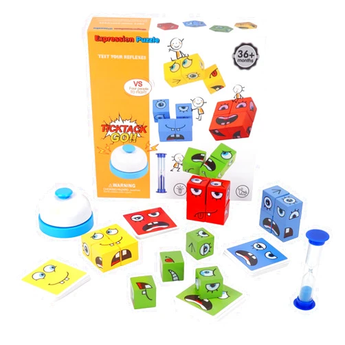 SNJHM Face Changing Magic Cube Expression Changing Puzzle Game, Wooden Face Change Cubes Game Faceblock Blocks Cube Game, Kids Toy for Boys Girls with Bell Hourglass