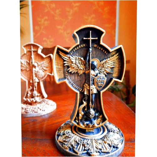 Kozakworkshop Saint Archangel Michael on the stand Natural OAK Wood Carved Wall Hanging Wooden Carved Home Decor - Personalized - All Sizes - Any Occasion Christian Gift Idea