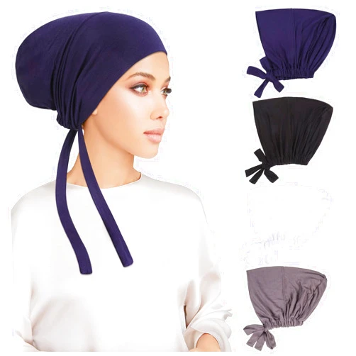 PHOGARY 4 Pcs Women Hijab Undercap, Islamic Muslim Under Hijab Cap Inner Under Scarf Hat Turban with Tie Back Closure