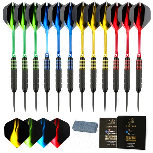 centaur 12 Pack Steel Tip Darts, Professional 22 Grams Metal Dart Set with Frosted PVC Shafts and 5 Style PET Flights and Dart Case, Silver & Black