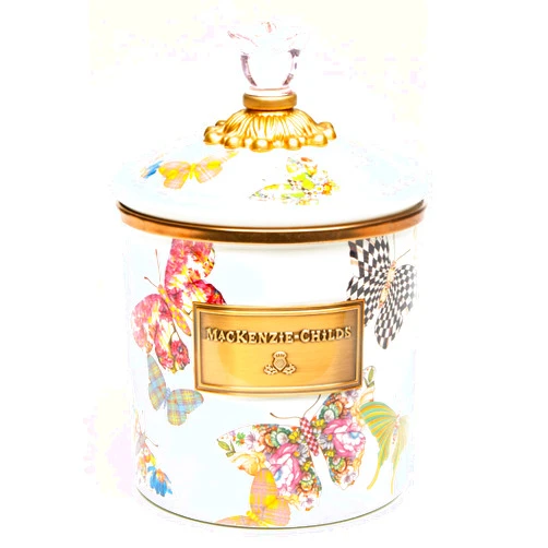 MACKENZIE-CHILDS Butterfly Garden Enamel Canister, Pretty Kitchen Storage Container with Lid, Small