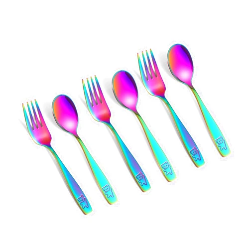 Pimoys 6 Pieces Toddler Utensils Kids Rainbow Silverware Stainless Steel Toddler Forks and Spoons Set, Metal Childrens Safe Flatware Child Cutlery Set, Dishwasher Safe