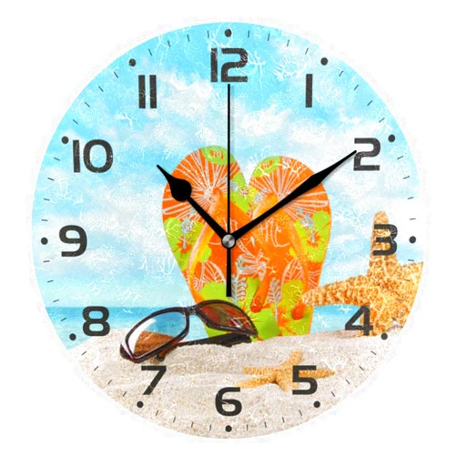 Naanle Ocean Beach Starfish Flip Flops Glasses in Sand Round/Square/Diamond Acrylic Wall Clock Oil Painting Home Office School Decorative Creative Dual Use Clock Art