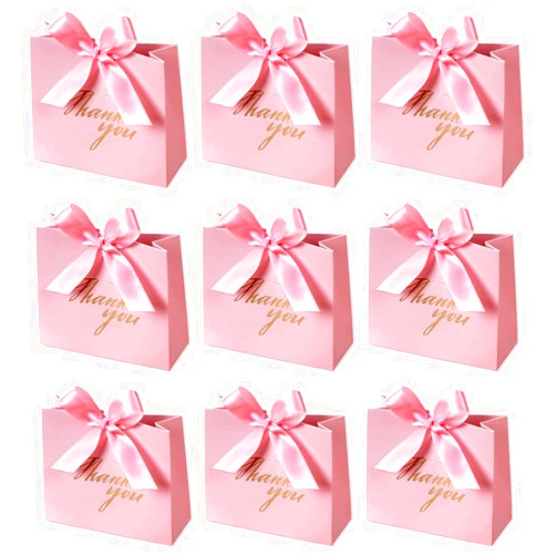 DECHISY 24Pack Small Thank You Party Favor Bags Treat Boxes with Rose Red Bow Ribbon, Pink Pattern Paper Gift Bags Bulk for Wedding Baby Shower Business Party Supplies