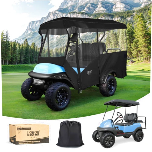 10L0L Golf Cart Enclosure Universal Rain Cover, Portable & Drivable 4-Sided Black Golf Cart Cover Fit for Club Car/EZGO RXV TXT, Yamaha, Waterproof, 4 Passenger 93.7inch Roof