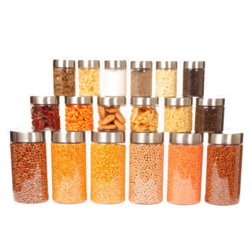 PEARLPET Transparent Plus Kitchen Container PET Jar with Stainless Steel Matt Finish Cap, Set of 18 Pieces
