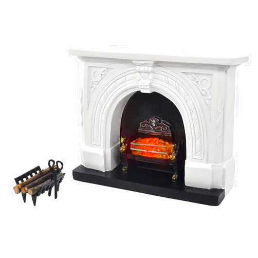 iLAND Dollhouse Furniture and Accessories of Dollhouse Fireplace on 1/12 Scale w/Fire Light & Fireplace Tong & Firewood Rack (Neoclassical 3pcs)