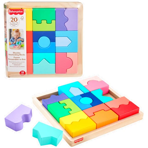 Fisher-Price Wood Toddler Toy Interlocking Blocks Stacking Jigsaw Puzzle with 20 Wooden Pieces for Kids Ages 18+ Months