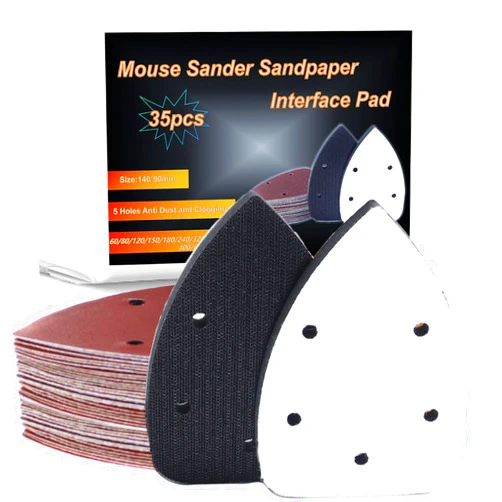 CKFCXC 33pcs Sand Paper Mouse Sander Sandpaper 60-1500 Grits with 2pcs Detail Sander Paper Interface Pad Hook and Loop Triangle Sanding Pads with 5 Holes for 140mm Sanding Machine