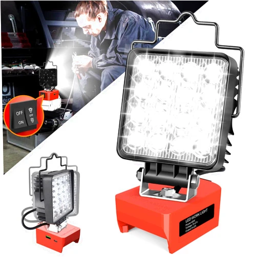 Myteaworld 48W LED Work Light for Milwaukee m18 Battery, 4800LM Cordless Work Light with Upgraded Dual Switch for Battery & Low Voltage Protection, Underhood Flood Lights with 2 Charger Port for Camping Workshop