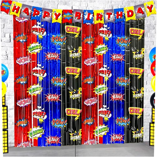 Hipoxa Hero Birthday Party Backdrops Decorations, 2 Pcs Red Blue Black Tinsel Foil Fringe Curtain Streamers Photo Booth Background for Hero Themed Party Decorations Supplies