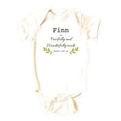 MangoHouse Personalized Baby Onesie® Fearfully and Wonderfully Made Custom Name Baby Outfit for Baby Gift for Baby Shower Gift for Todder Tshirt for Kids (Short Sleeve White, 3-6m)