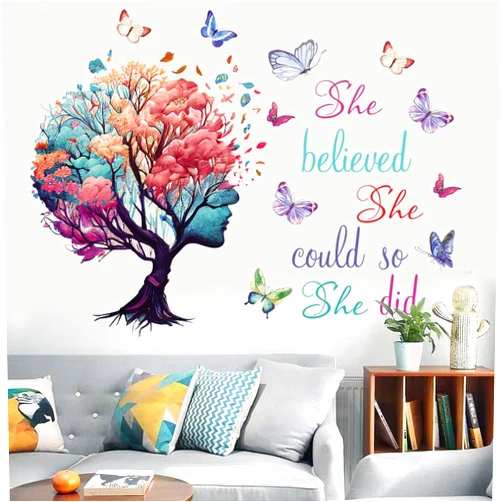 CASADECOR Inspirational Quotes Wall Art - 'She Believed She Could So She Did' Tree & Butterfly Decal Stickers for Women & Girls Bedroom & Living Room Decor