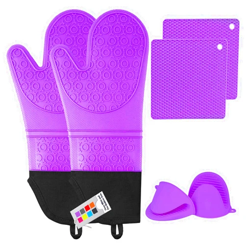 MTZRFLL Silicone Oven Mitts and Pot Holders Sets, MTZRFLL Extra Long Heat Resistant Oven Gloves with Hot Pads and Mini Oven Mits Set for Kitchen Cooking Baking, Soft Quilted Lining, Pack of 6 (Purple)