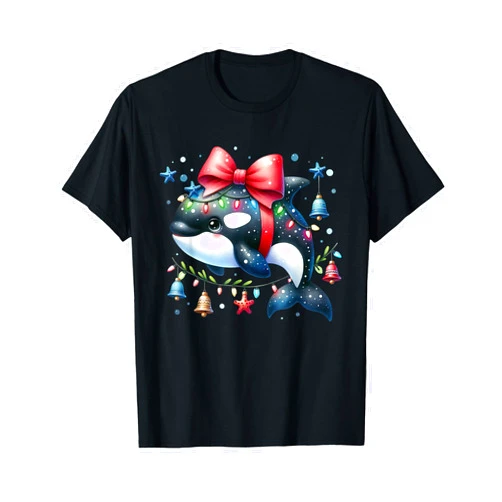Funny Santa Hat & Christmas Lights Xmas Gifts Santa Orca Killer Whale for Boys Girls Christmas Tree Lights T-Shirt
