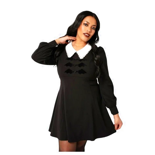 Hell Bunny Batilda Dress Black, Bat Embroidery, Lace Trimmed White Collar Style