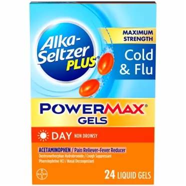 ALKA-SELTZER PLUS Alka-Seltzer Maximum Strength PowerMax Gels with Acetaminophen, Day Cold and Flu Medicine for Adults, 24 Count