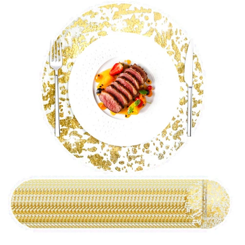 Hysenm 50 Pcs Disposable Gold Placemats Set Metallic 13 Inch Round Foil Mesh Pressed Table Doilies, Ultra-Thin Disposable Placement Mats for Home Decoration Dining Table Wedding Birthday Party