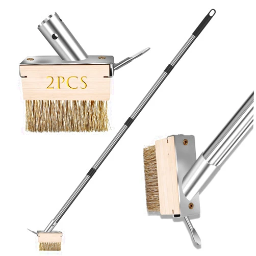 GHWMYD Manual Moss Grout Remover Brush with Detachable 64.9Inch Handle for Deck Pavers Patios Walkways Crevice Cleaner Tool, 2 Pcs Metal Wire Brush Heads with Crack Scraper Weeder Puller, Black