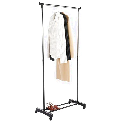 Altiaim Single-bar Vertical & Horizontal Stretching Stand Clothes Rack with Shoe Shelf YJ-01 Black & Silver