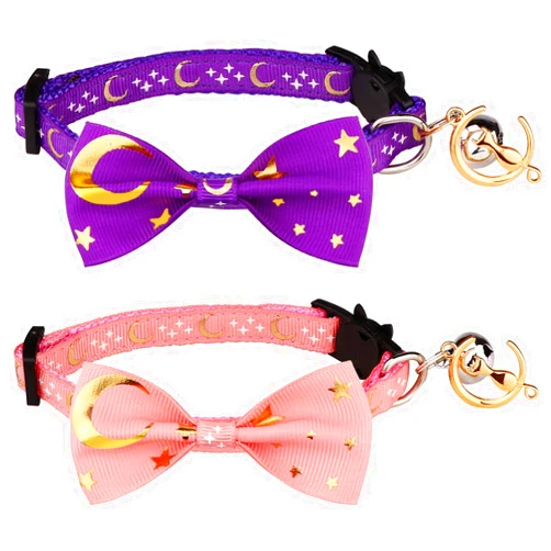 Stpiatue 2 PCS Breakaway Cat Collar with Bow Tie and Bell Golden Moon Glowing Star in The Dark for Kitten(Purple&Pink)
