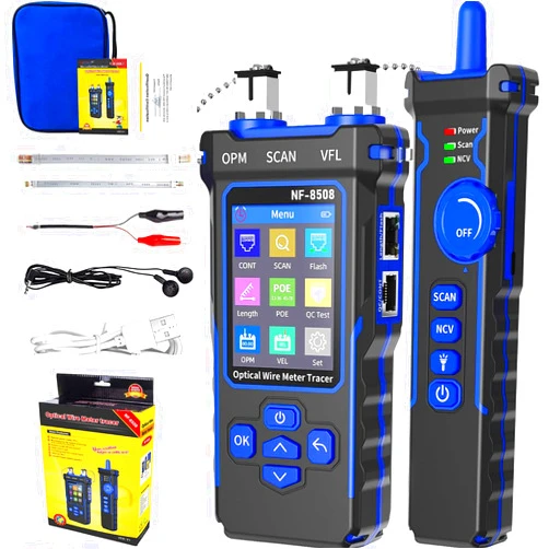 ZHOUCE NF-8508 Network Cable Tester with Optical Power Meter 10mw Visual Fault Locator,POE/NCV/RJ11 RJ45/CAT5 CAT6 Cable Toner Ethernet Tester,Length Measurement,Fiber Find Fault Test Phone Line Tracer