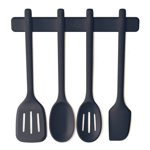 bella 5-Piece Kitchen Tool Set with Magnetic Rack, Silicone, Turner, Spoon, Slotted Spoon, Spatula, Utensil Holder, Magnetic Holder, Non-toxic*, Food-grade, Heat safe to 425°F, Dishwasher Safe, Slate