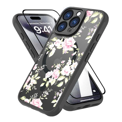 CASEOWL Compatible for iPhone 16 Pro Case Magnetic [Compatible with MagSafe] Cute Floral Pattern Translucent Matte Shockproof Phone Case for Women Girly Slim Soft Edge 16 Pro Case, Pink Rose/Black